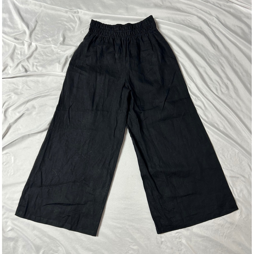 By Anthropologie Black 100% Linen Wide Leg Smocked Elastic Waist Pants XXS - Picture 9 of 16
